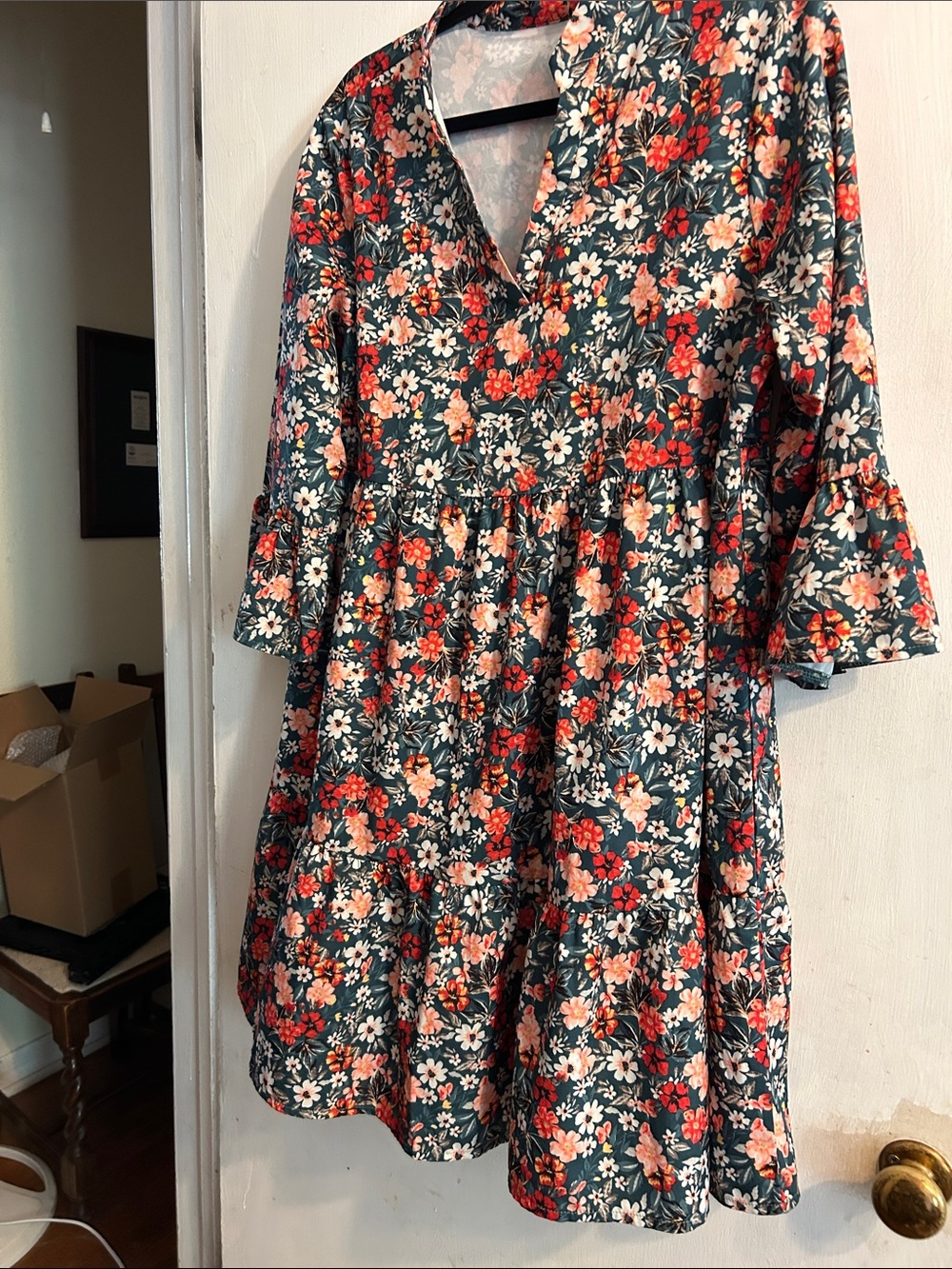 SHEIN Floral V-Neck Tiered Midi Dress in Teal and Coral